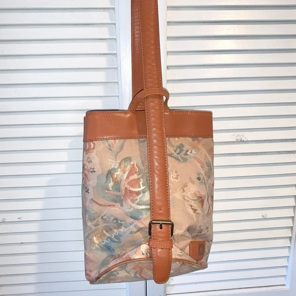 Perry Ellis vintage floral canvas bucket purse with leather trim